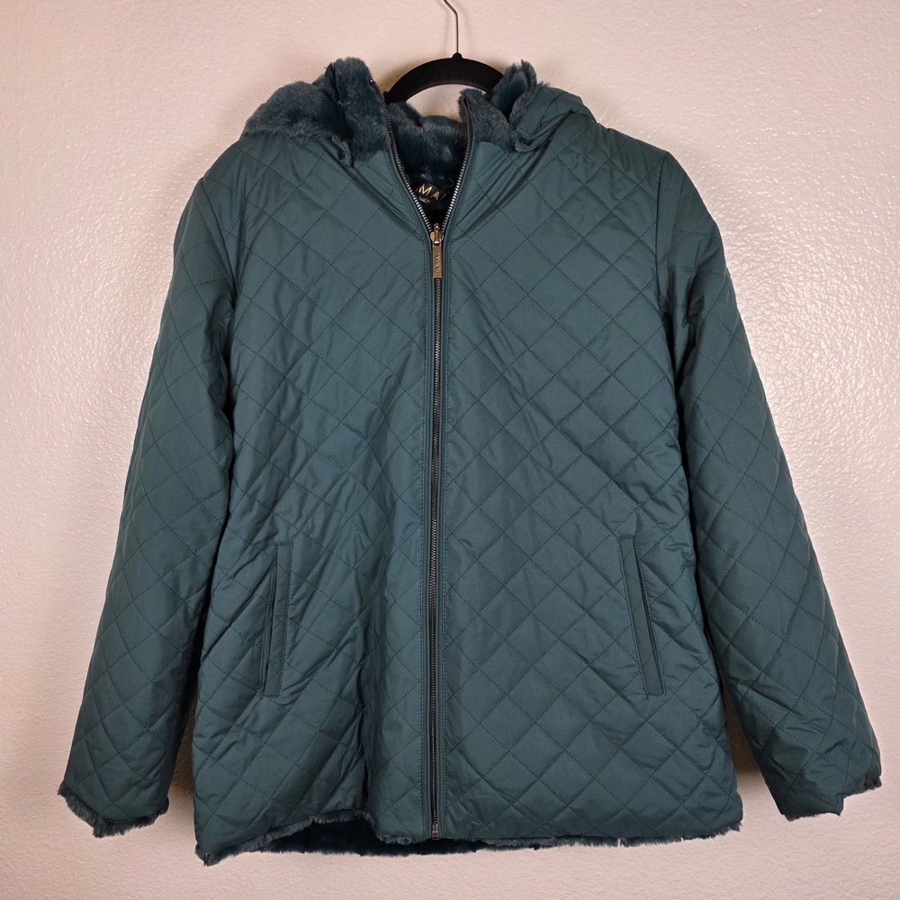 IMAN Global Chic Women's Reversible Faux Fur/Quilted Green Spruce Size S